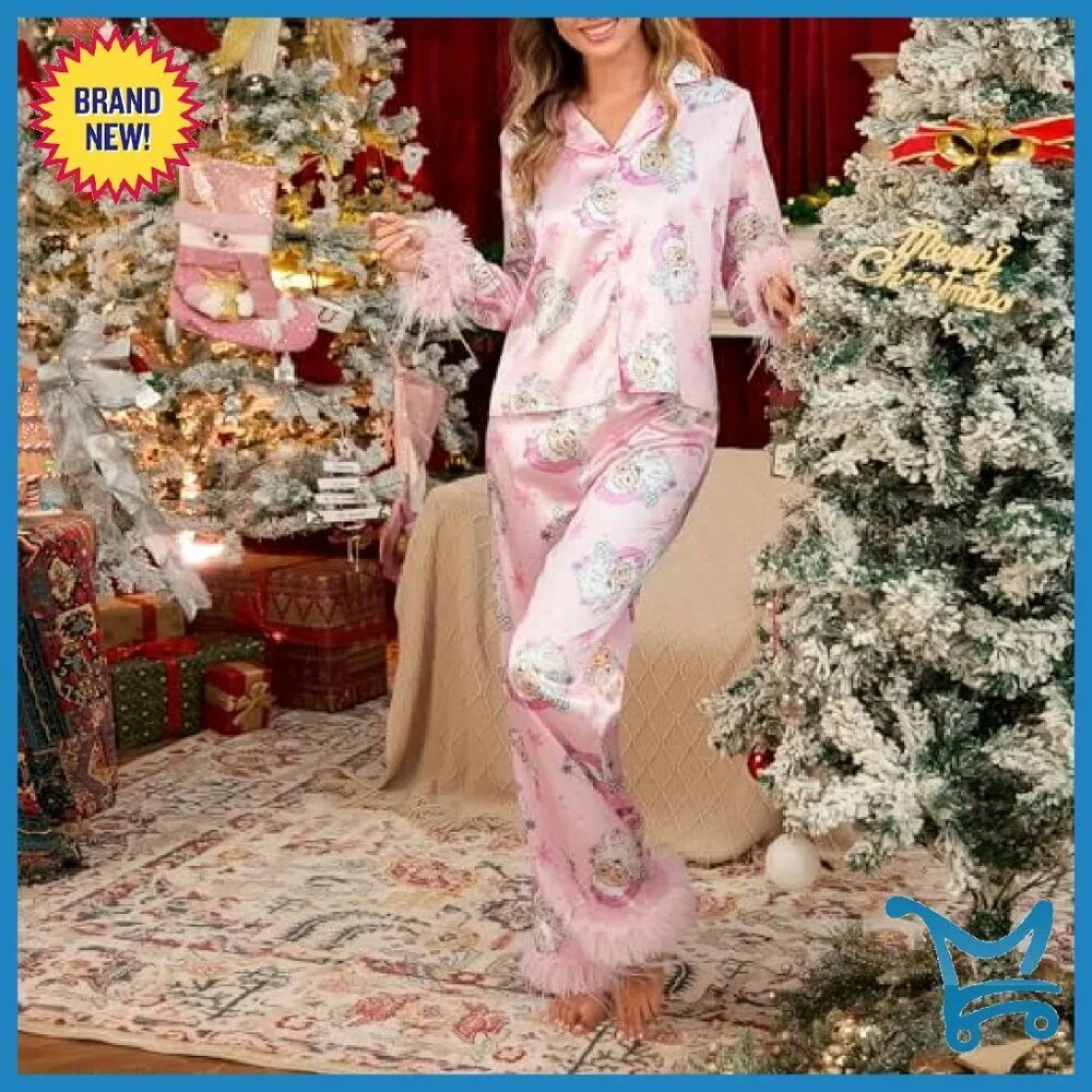 Women's Satin Pajama Set with Feather Trim Long Sleeve Button Top Pants